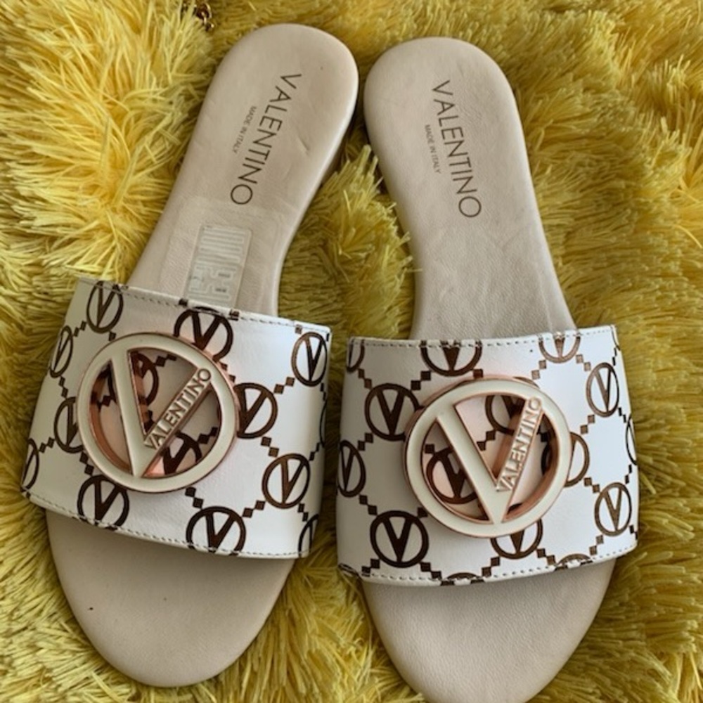 Valentino White and Brown Slide Sandals
